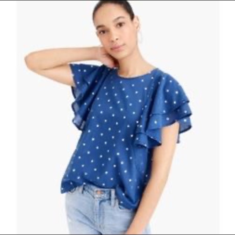 J. Crew Ruffle Flutter-Sleeve Top in Blue & Metallic Polka Dot
